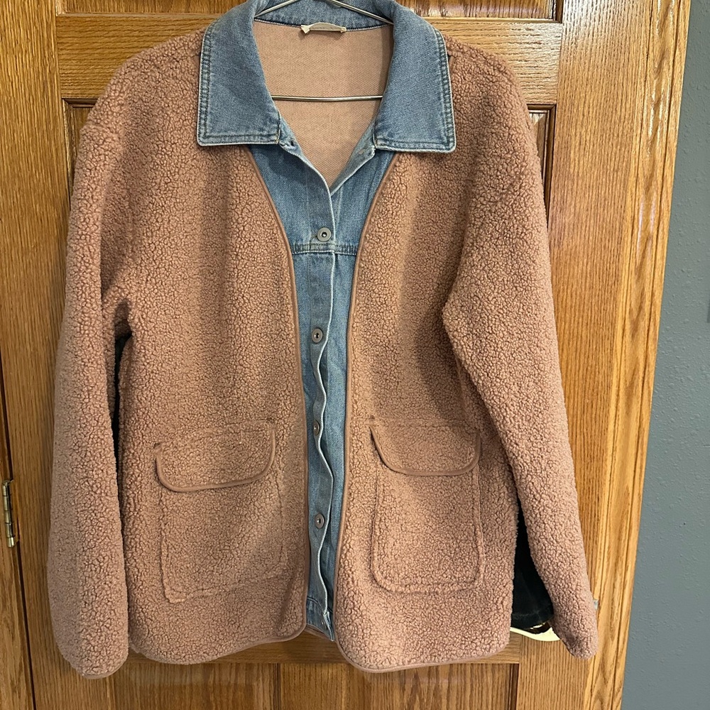 Cozy Teddy Sherpa Jacket with Denim Trim